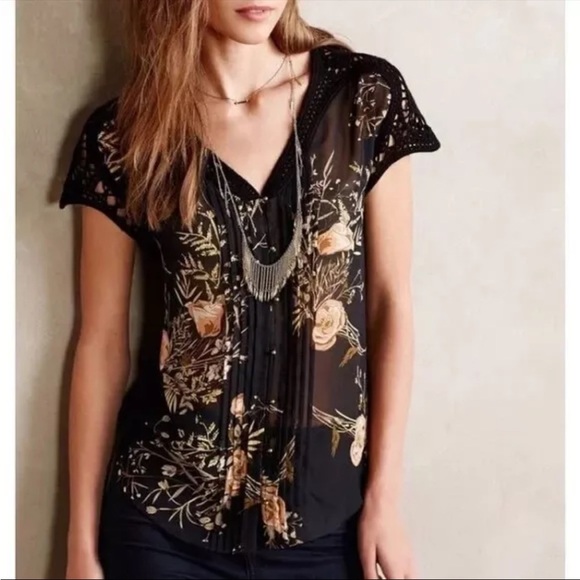 Anthropologie Meadow Rue Floral Crochet Sleeve Black Sheer Blouse - Picture 1 of 9